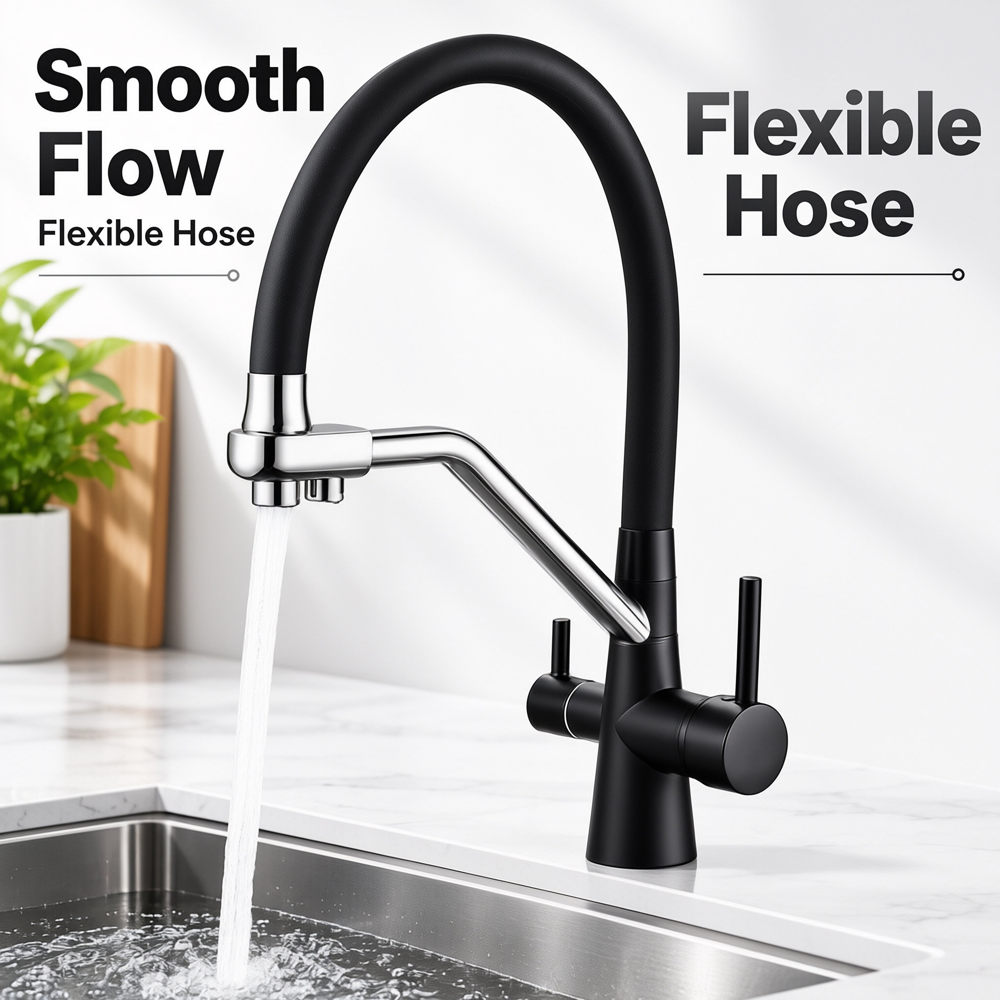 Brushed Gold Two Handle Kitchen Mixer Faucet with Flexible Silicone Spout, Solid Brass