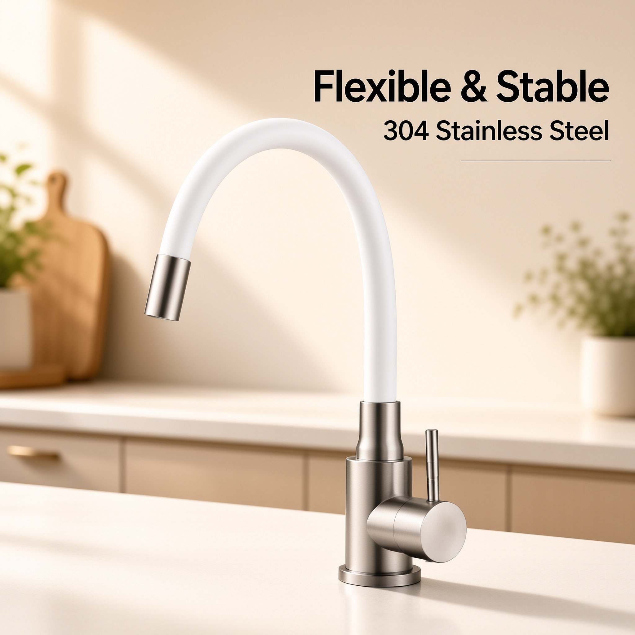 Brushed Nickel Single Lever Flexible Silicone Spout Kitchen Mixer Faucet, Solid Brass