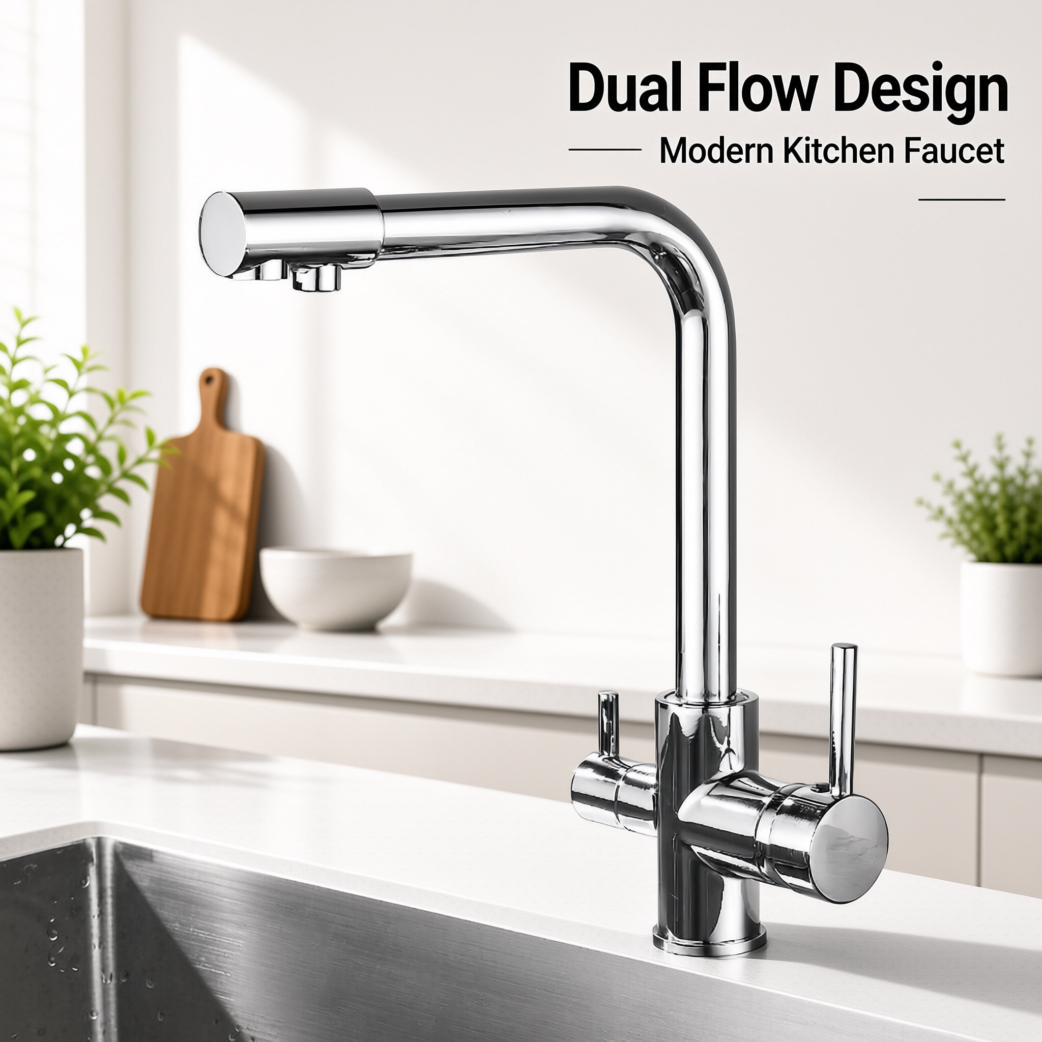 Chrome Two Handle Kitchen Mixer Faucet With Dual Water Outlet, Solid Brass