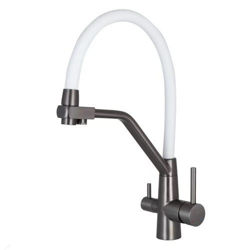 Brushed Gold Two Handle Flexible Silicone Spout Kitchen Mixer Faucet, Solid Brass