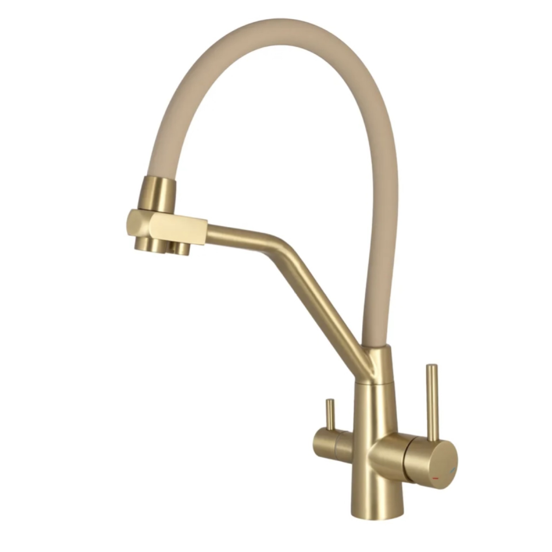 Brushed Gold Two Handle Flexible Silicone Spout Kitchen Mixer Faucet, Solid Brass