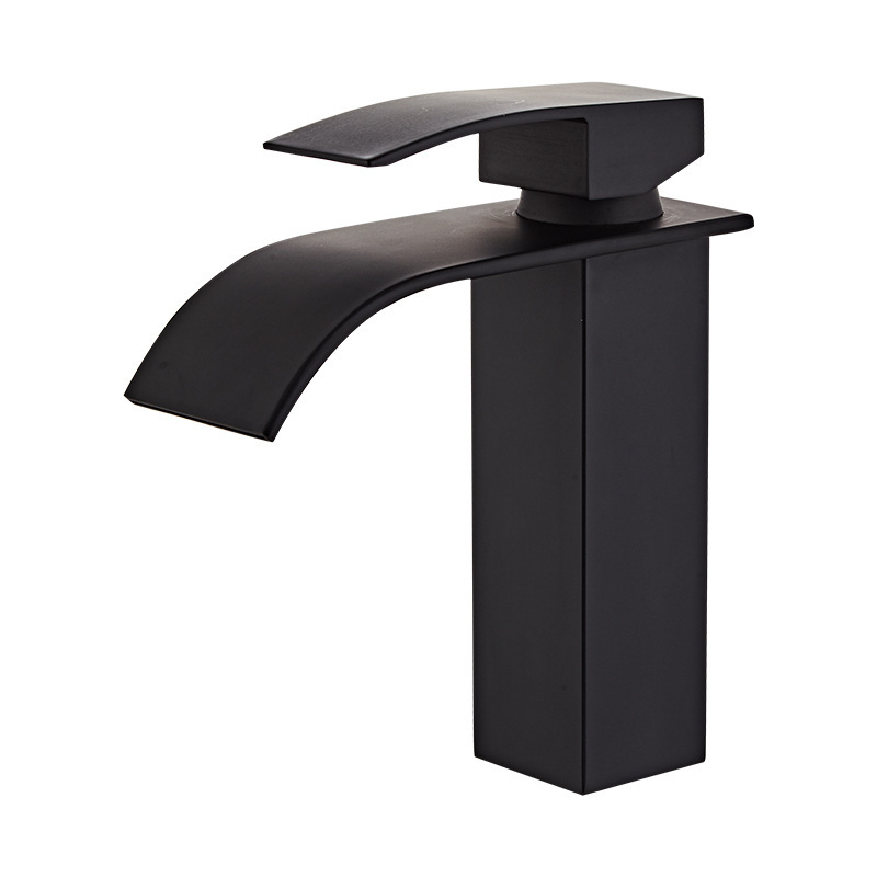 Matte Black Waterfall Basin Faucet, Single Lever Square Bathroom Vanity Sink Tap