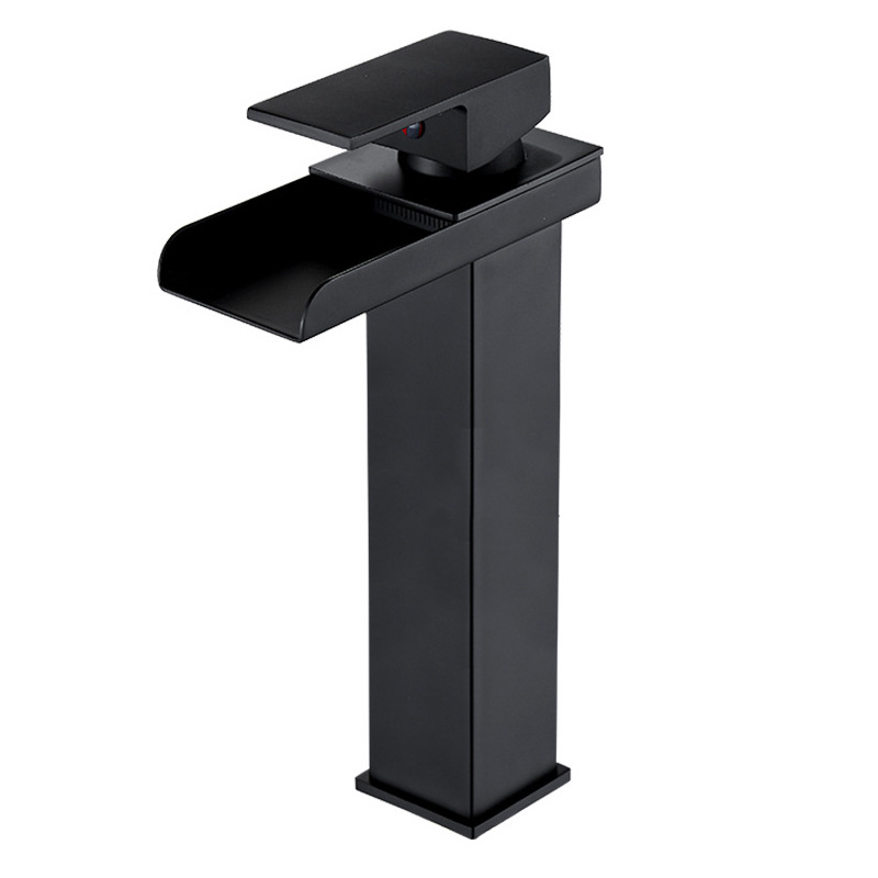 Matte Black Waterfall Basin Faucet, Single Lever Square Bathroom Vanity Sink Tap