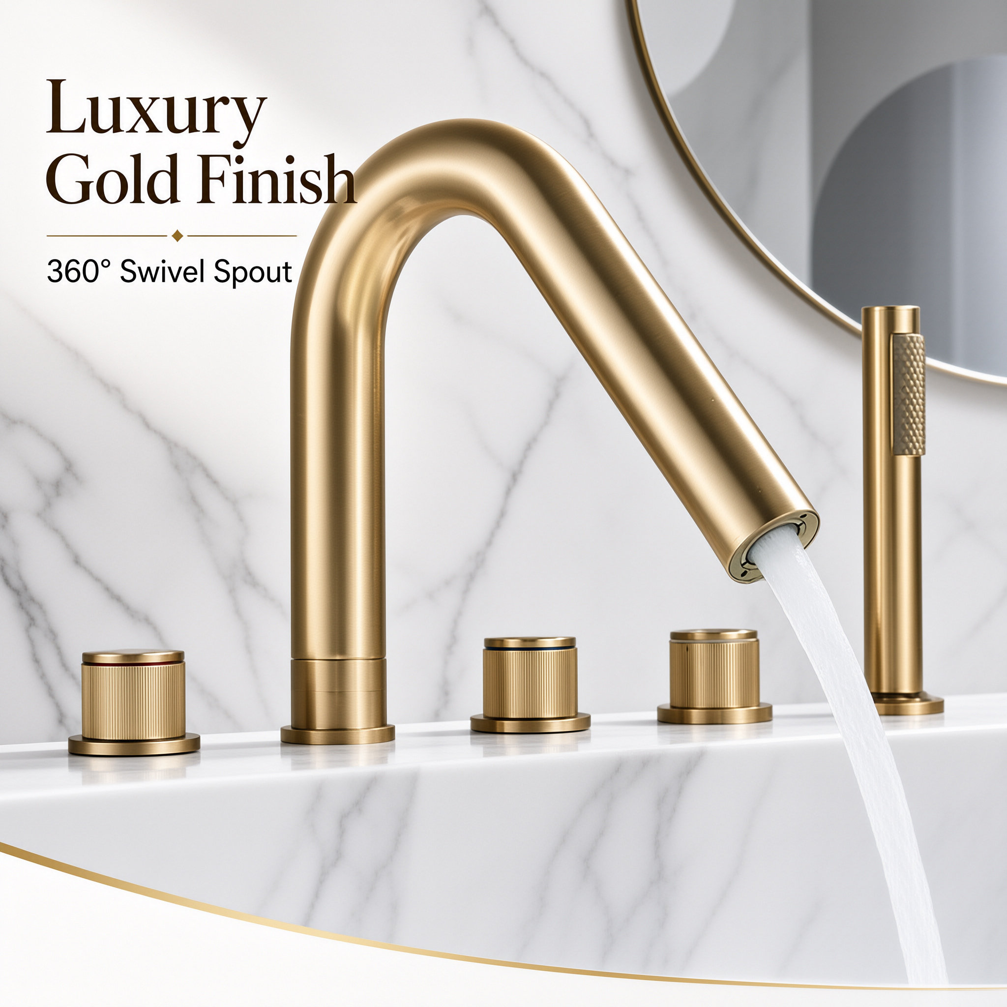 Brushed Gold Pull Out Kitchen Faucet Set, 3 Hole Deck Mount Sink Tap with Handheld Sprayer