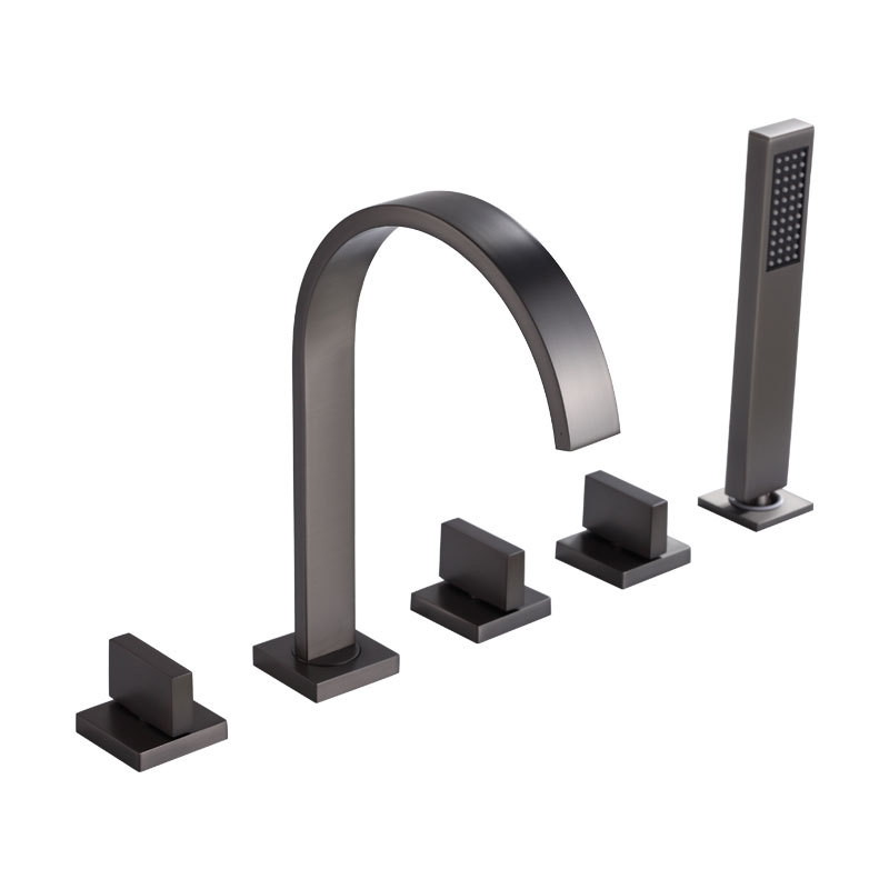Gun Gray 5 Hole Deck Mount Bathtub Faucet Set, Freestanding Tub Tap with Handheld Shower Sprayer