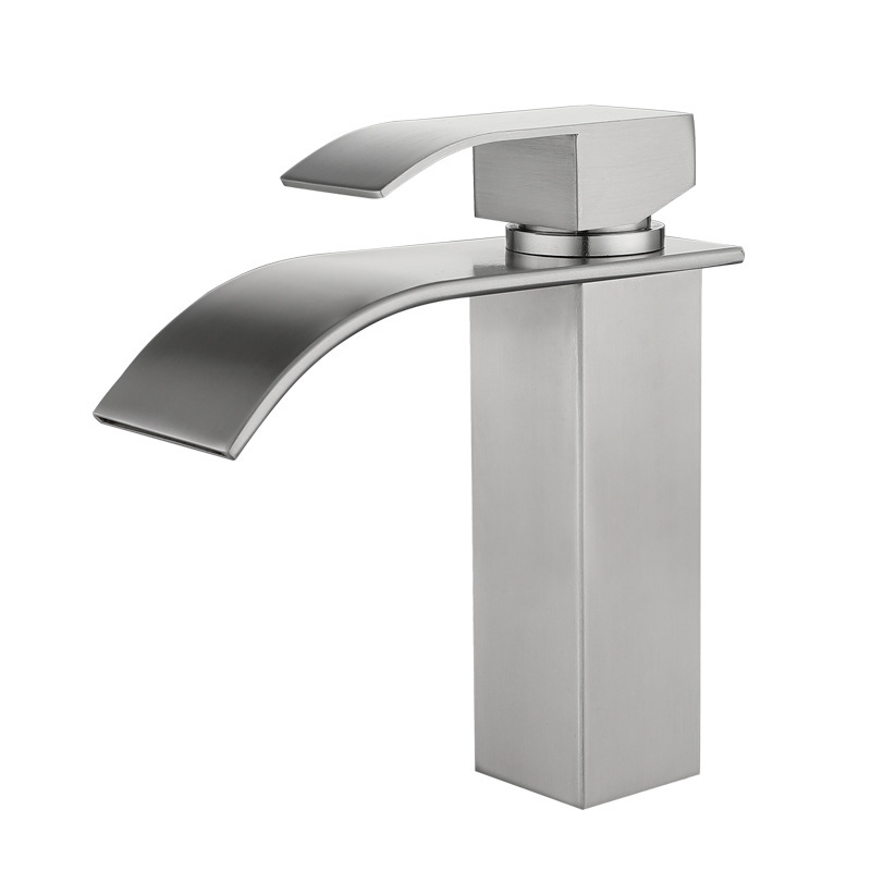 Brushed Nickel Waterfall Basin Faucet, Single Lever Square Bathroom Vanity Sink Tap