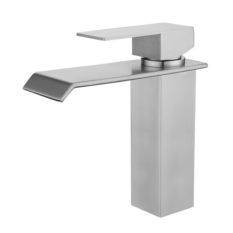 Brushed Nickel Waterfall Basin Faucet, Single Lever Square Bathroom Vanity Sink Tap