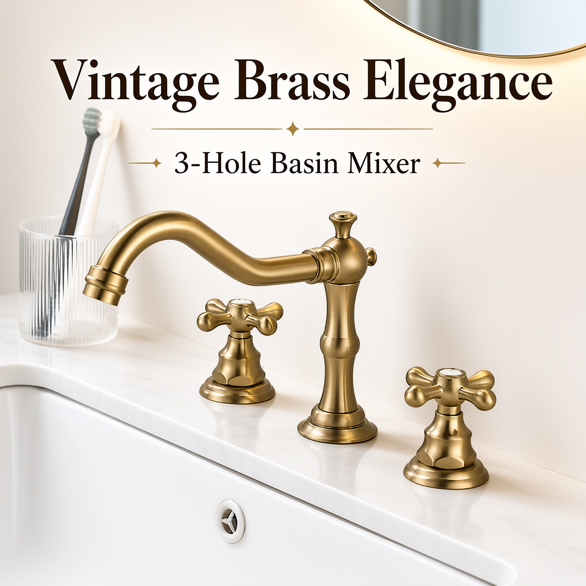 Brushed Gold 3 Hole Widespread Basin Faucet, Classic Double Handle Bathroom Vanity Sink Tap