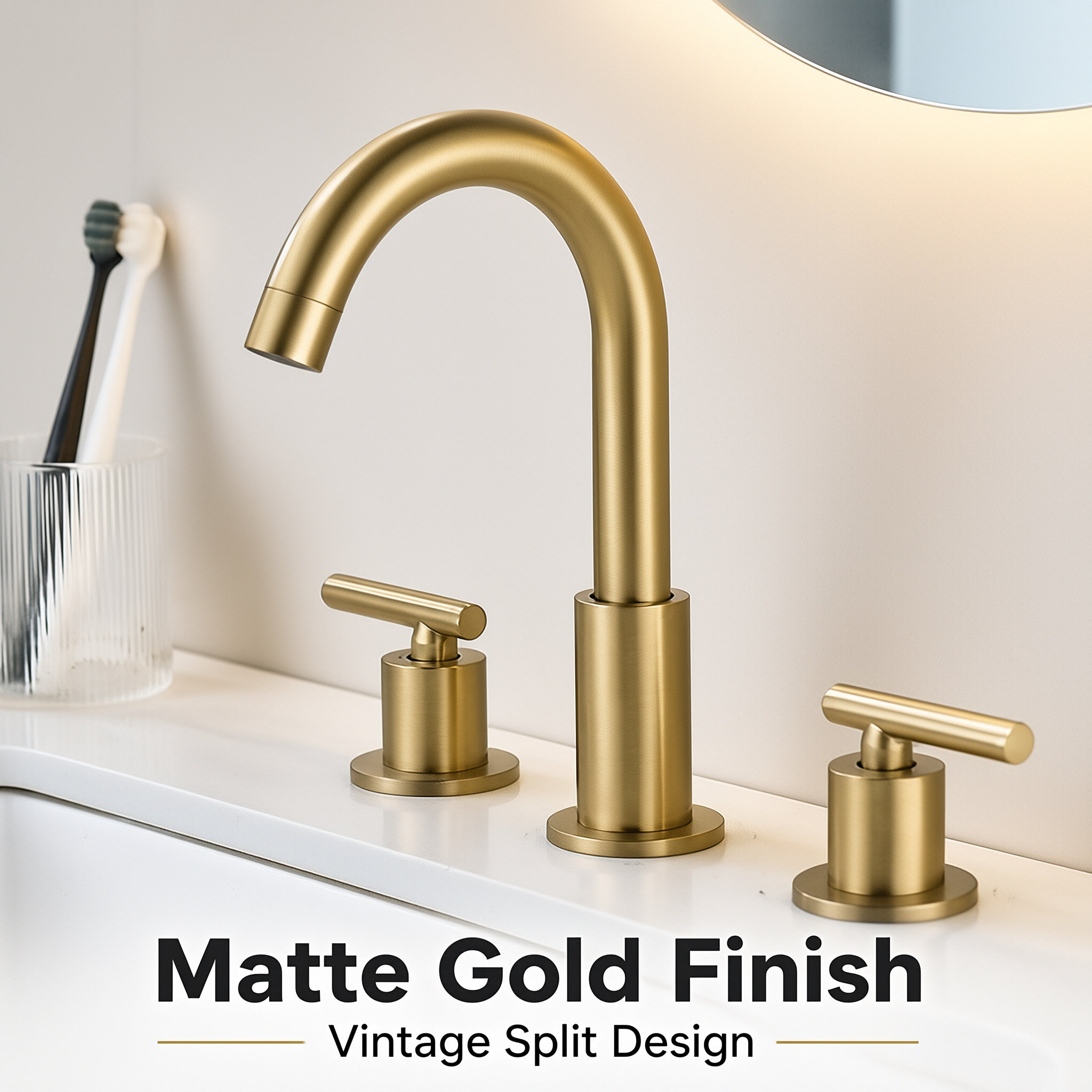 Brushed Gold 3 Hole Widespread Basin Faucet, Classic Double Handle Bathroom Vanity Sink Tap