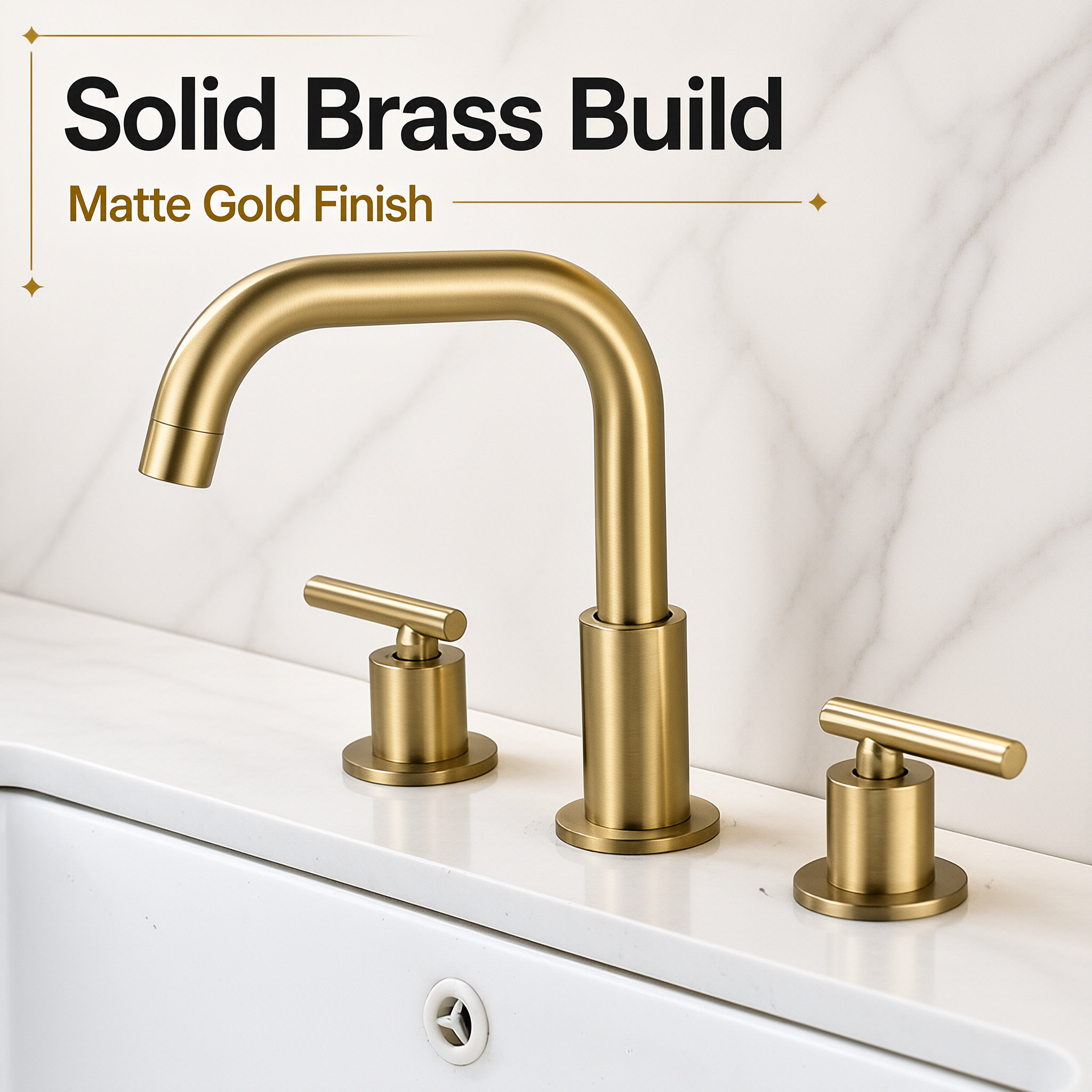 Brushed Gold 3 Hole Widespread Basin Faucet, Classic Double Handle Bathroom Vanity Sink Tap