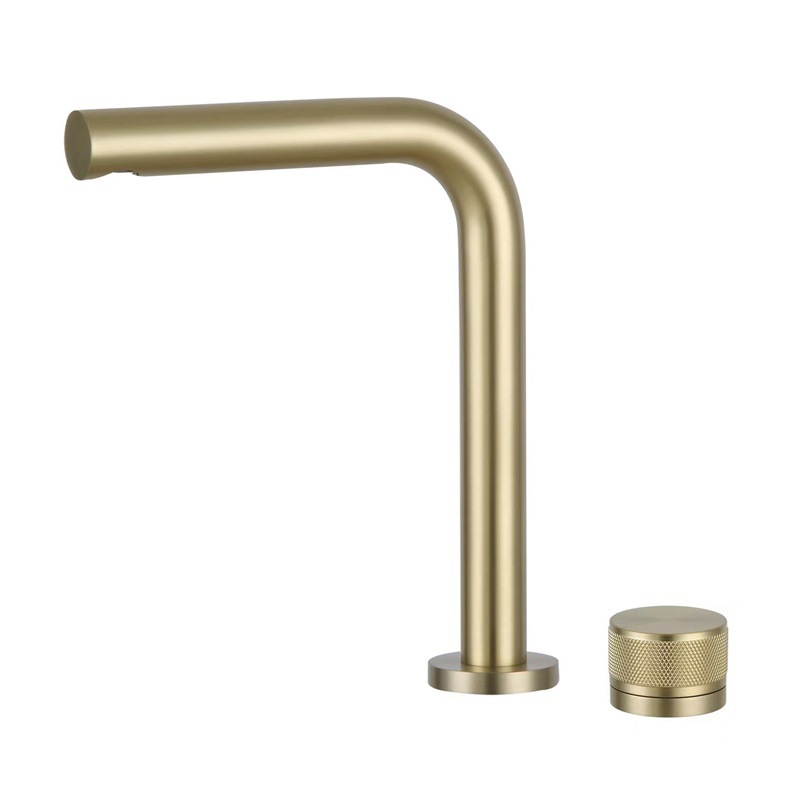 Brushed Gold 2 Hole Separate Handle Basin Faucet, Knurled Single Knob Bathroom Sink Tap