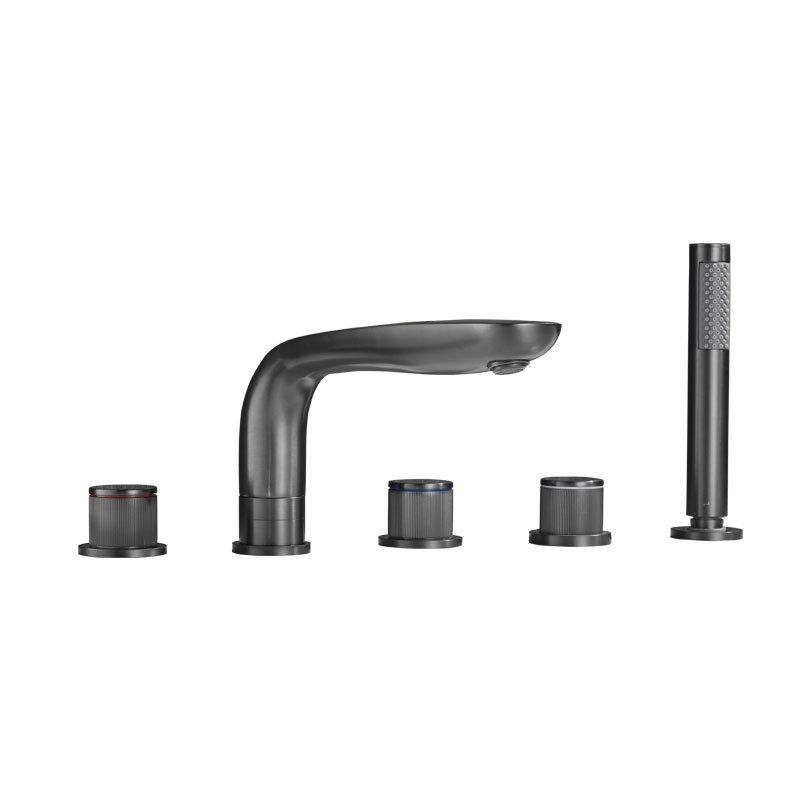 Gun Gray 4 Hole Deck Mount Bathtub Faucet Set, Curved Spout Tub Tap with Handheld Shower Sprayer