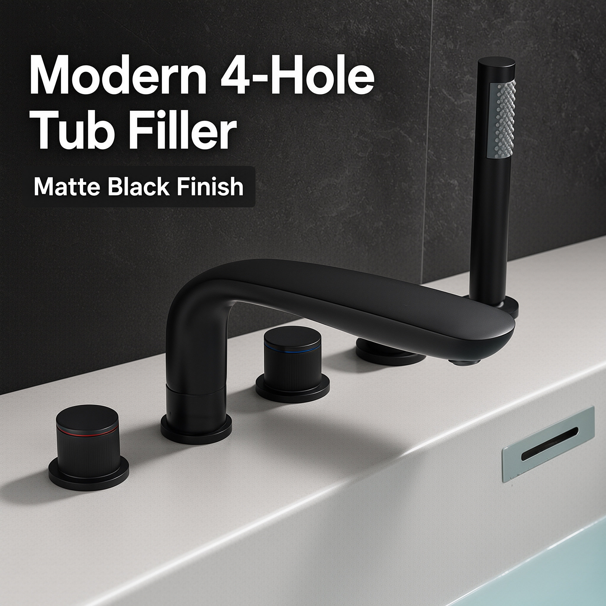 Gun Gray 4 Hole Deck Mount Bathtub Faucet Set, Curved Spout Tub Tap with Handheld Shower Sprayer