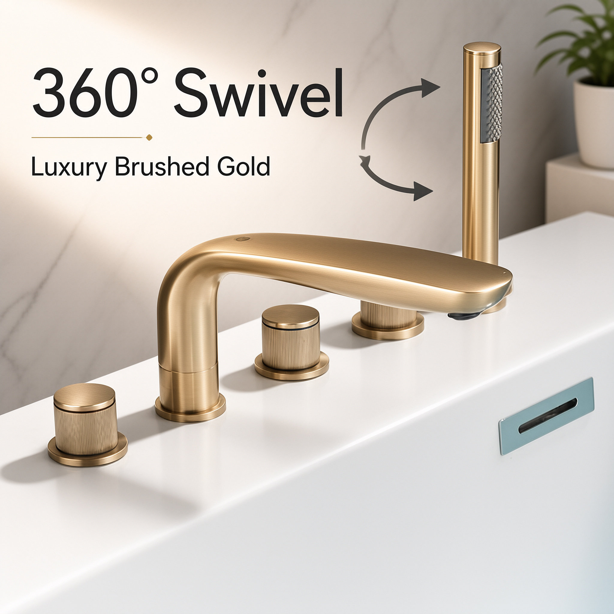 Gun Gray 4 Hole Deck Mount Bathtub Faucet Set, Curved Spout Tub Tap with Handheld Shower Sprayer