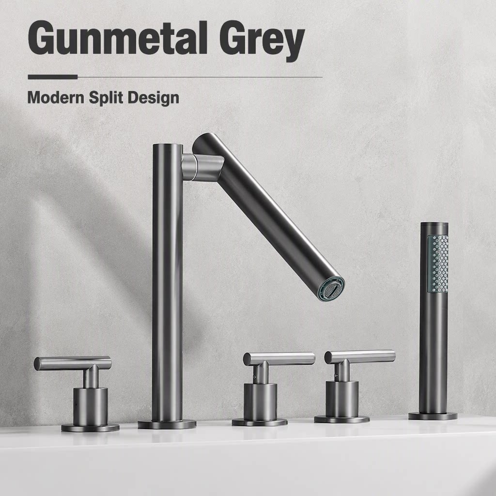 Gun Gray 5 Hole Deck Mount Bathtub Faucet Set, Swivel Tilting Spout Tub Tap with Handheld Shower