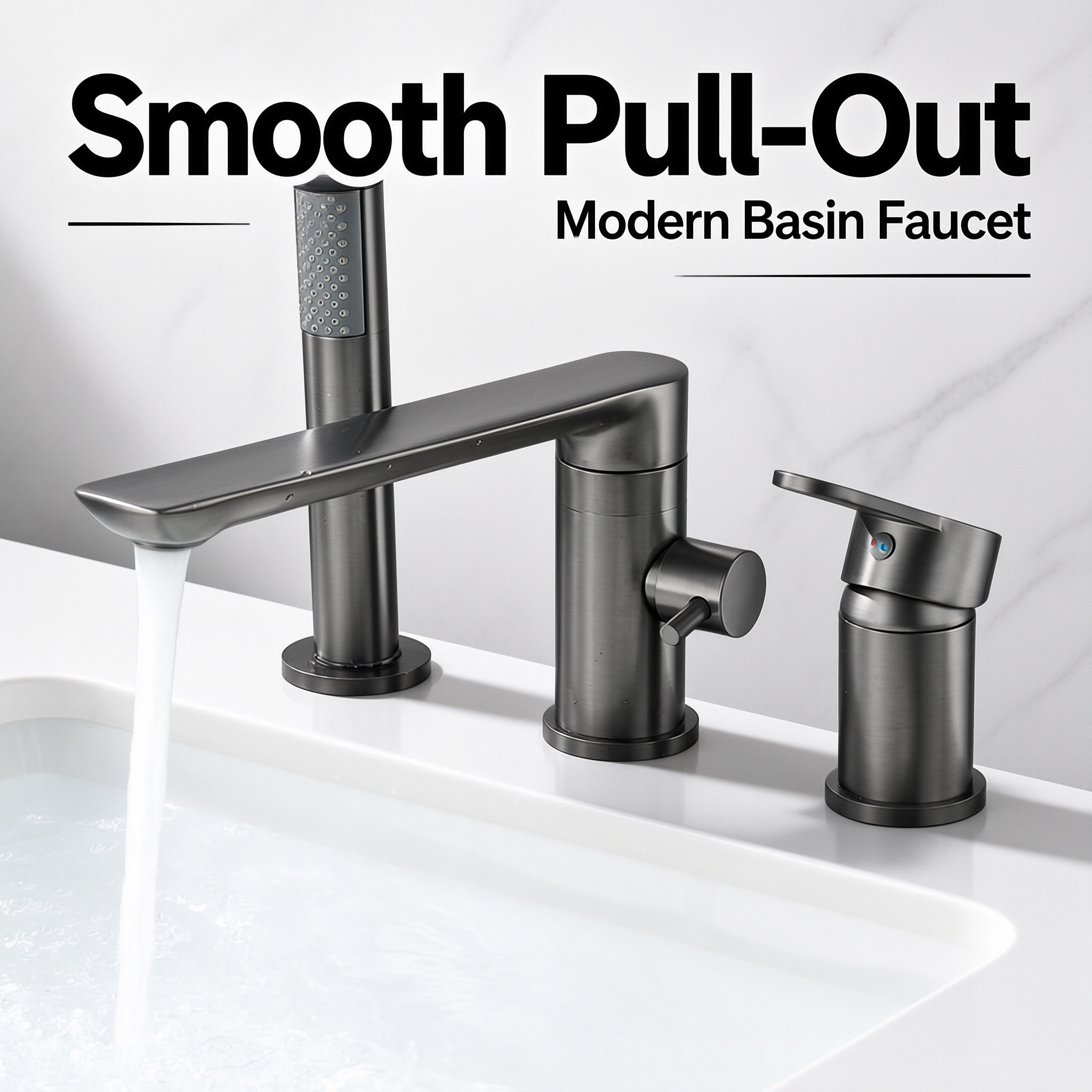 Gun Gray 5 Hole Deck Mount Bathtub Faucet Set, Swivel Tilting Spout Tub Tap with Handheld Shower