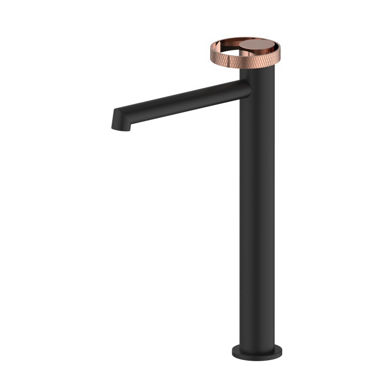 Matte Black & Rose Gold Basin Faucet, Knurled Ring Single Lever Bathroom Sink Tap