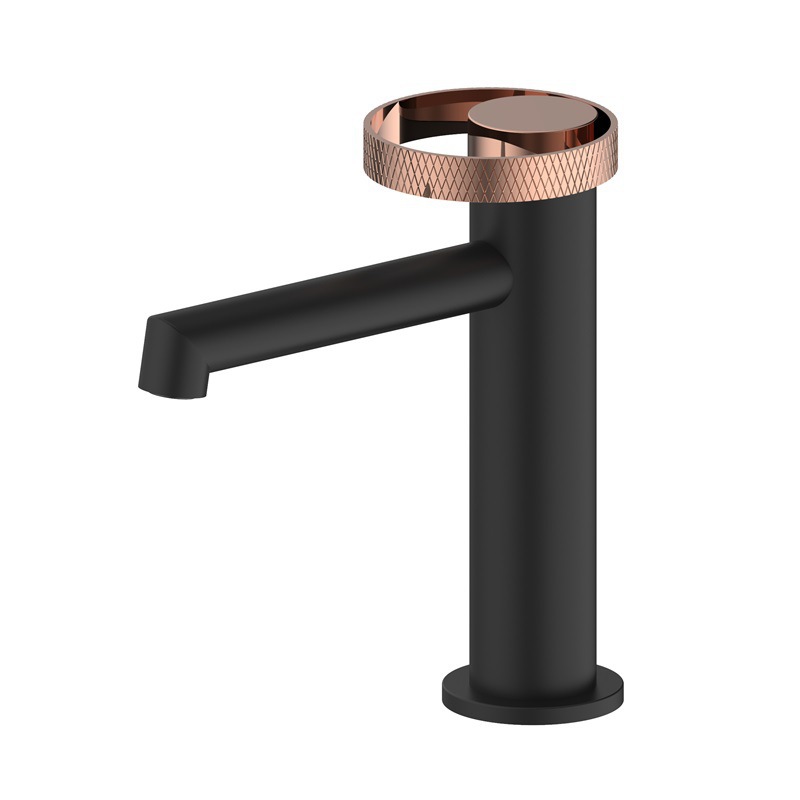 Matte Black & Rose Gold Basin Faucet, Knurled Ring Single Lever Bathroom Sink Tap