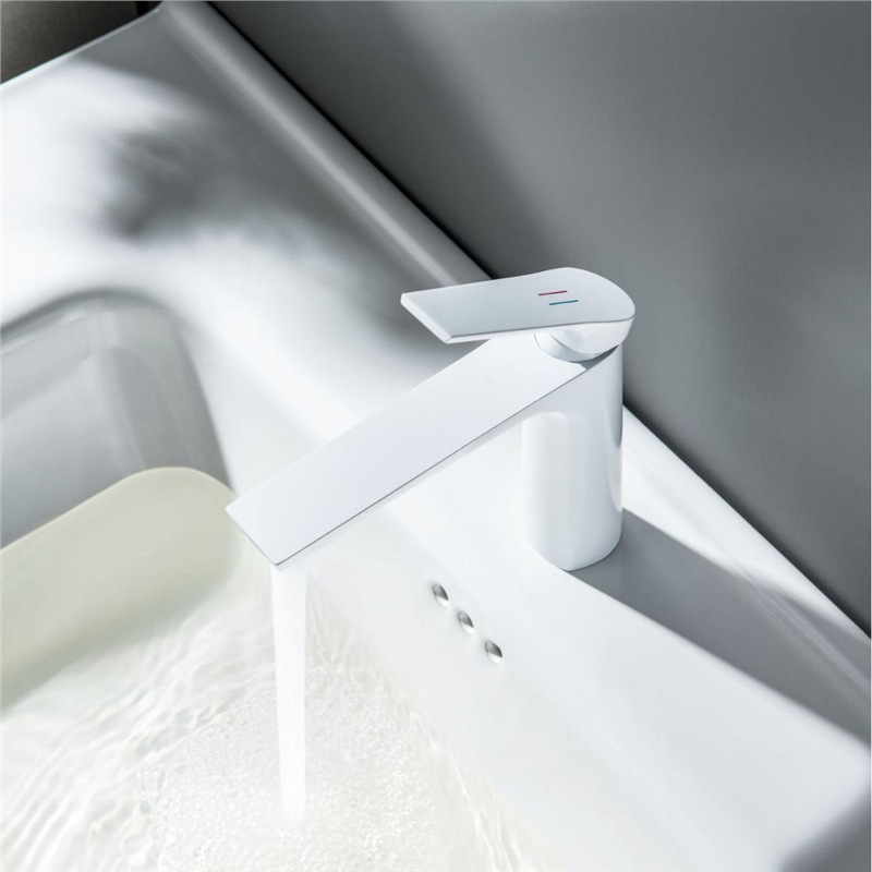 Gunmetal Grey Single Lever Basin Faucet, Long Flat Spout Modern Bathroom Vanity Sink Tap