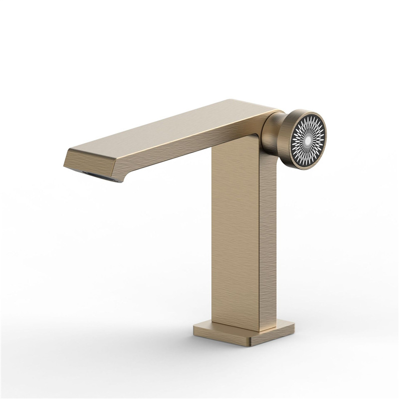 Brushed Champagne Gold Single Knob Basin Faucet, Square Modern Bathroom Vanity Sink Tap
