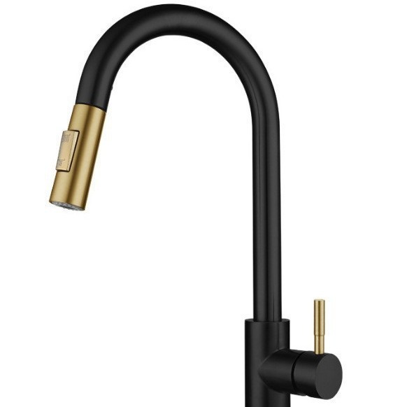 Brushed Champagne Gold Pull Out Kitchen Faucet, High Arc Swivel Single Lever Sink Tap