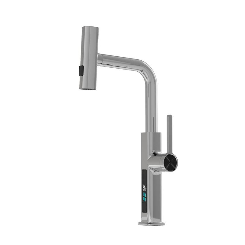 Chrome Digital Display Pull Out Kitchen Faucet, L Shape 360 Swivel Single Lever Sink Tap