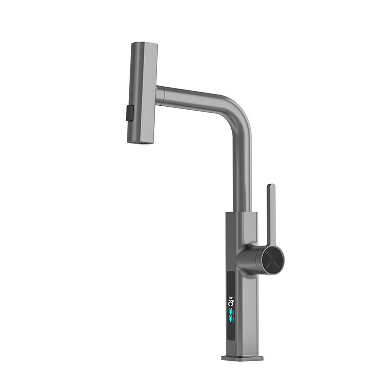 Chrome Digital Display Pull Out Kitchen Faucet, L Shape 360 Swivel Single Lever Sink Tap