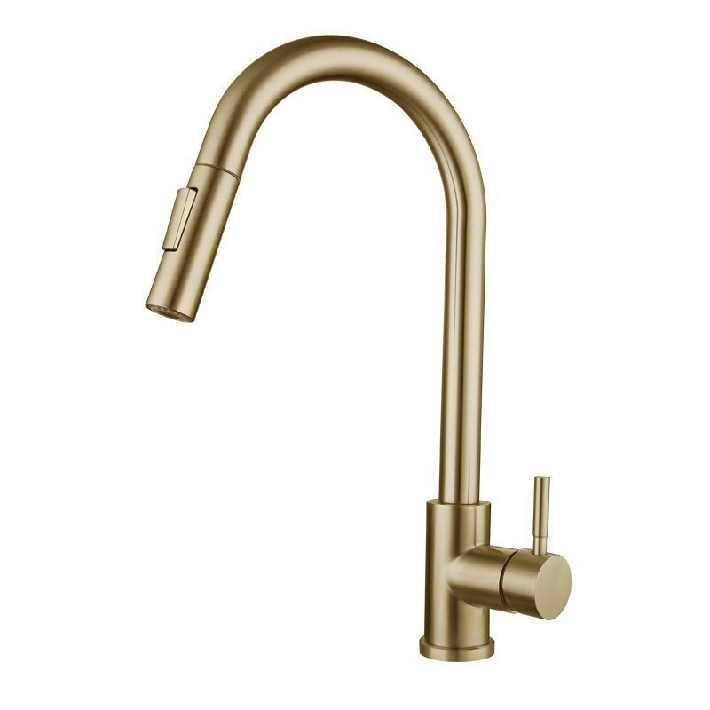 Brushed Gold Pull Out Kitchen Faucet, Gooseneck 360 Swivel Single Lever Sink Tap