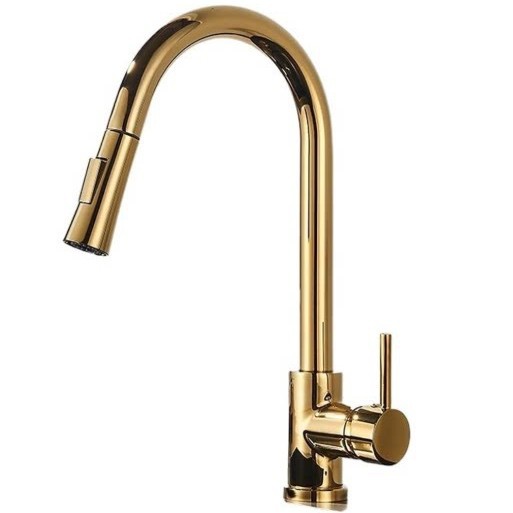 Brushed Gold Pull Out Kitchen Faucet, Gooseneck 360 Swivel Single Lever Sink Tap