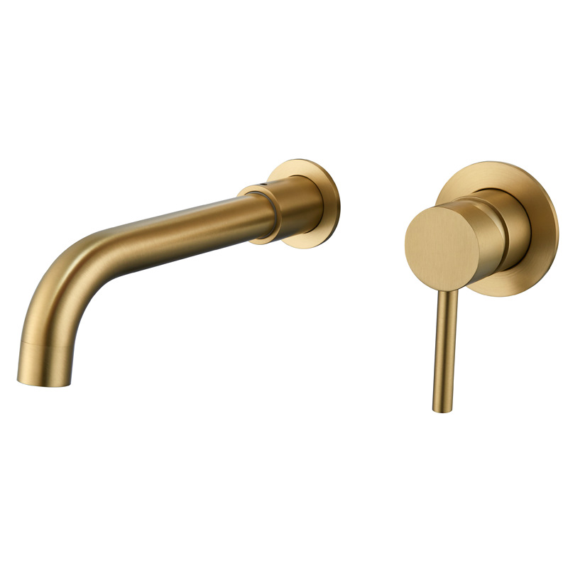 Brushed Gold Wall Mounted Basin Faucet, Cross Handle 3 Hole Concealed Bathroom Sink Tap