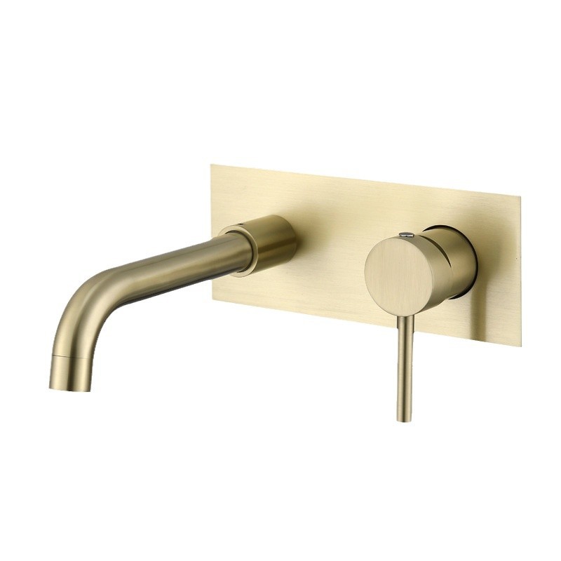 Brushed Gold Wall Mounted Basin Faucet, Cross Handle 3 Hole Concealed Bathroom Sink Tap