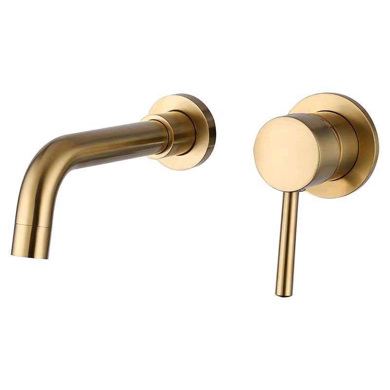 Brushed Gold Wall Mounted Basin Faucet, Single Lever Concealed Bathroom Sink Tap