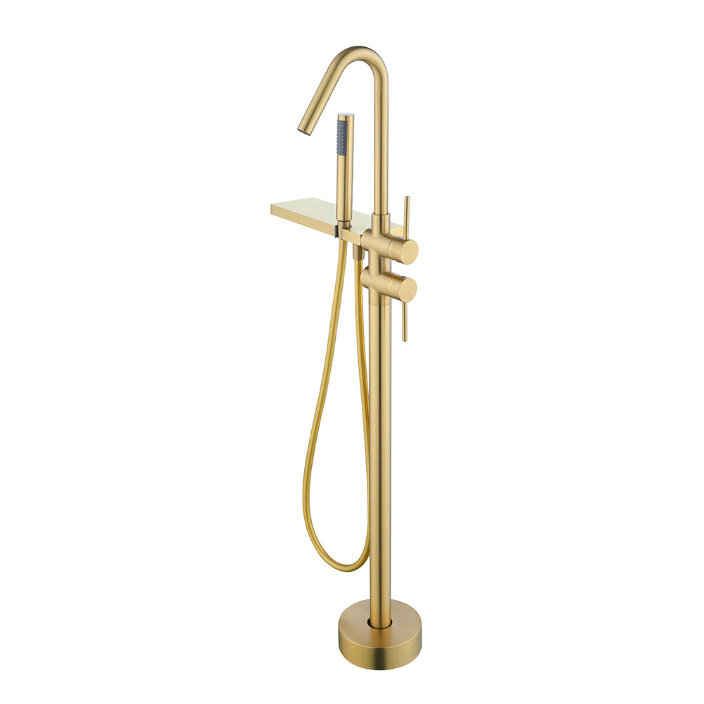 Brushed Gold Freestanding Bathtub Faucet, Floor Mount Tub Tap with Handheld Shower & Side Shelf