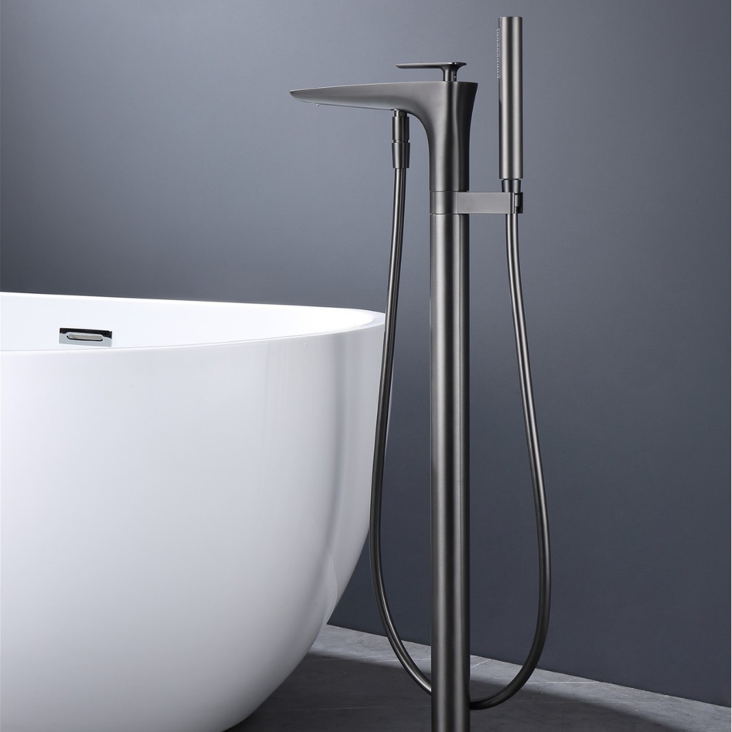 Brushed Gold Freestanding Bathtub Faucet, Floor Mount Tub Tap with Handheld Shower
