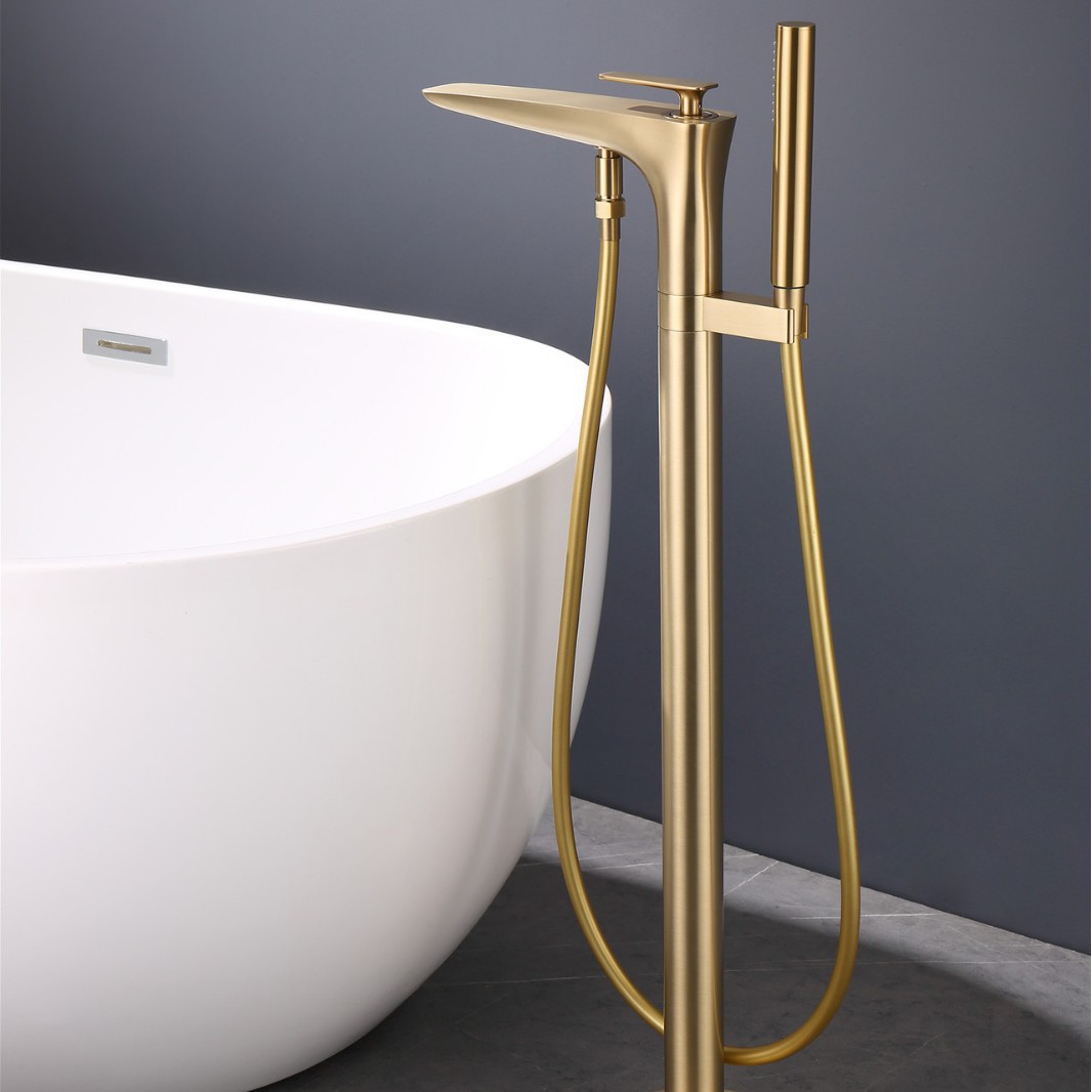 Brushed Gold Freestanding Bathtub Faucet, Floor Mount Tub Tap with Handheld Shower