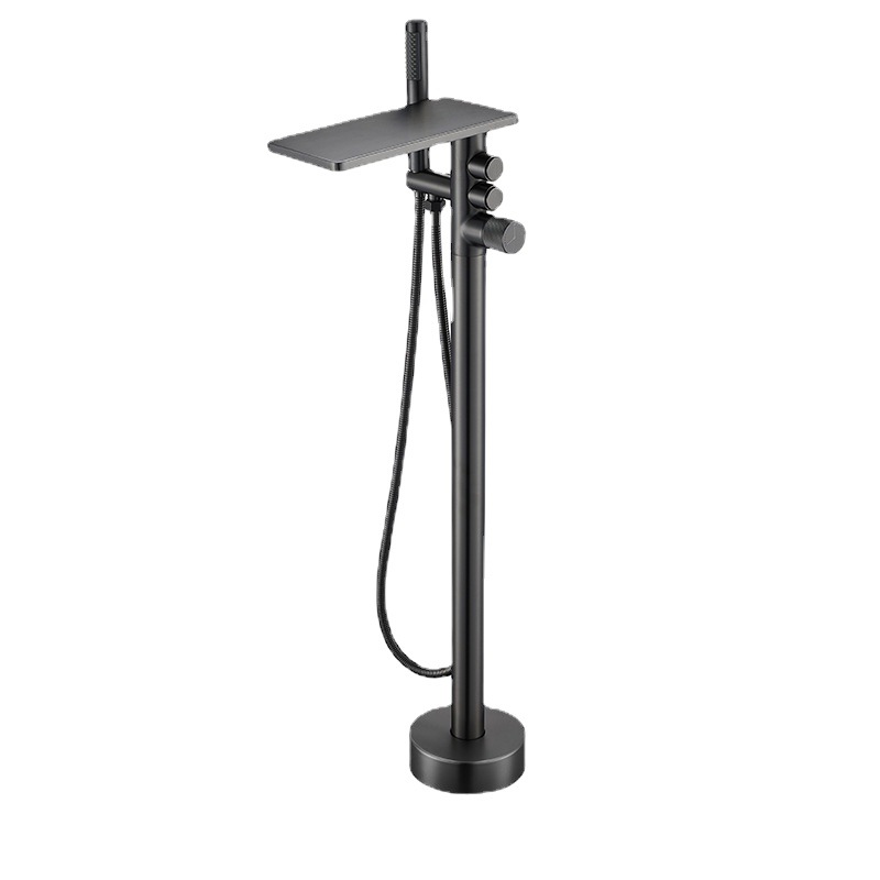 Gunmetal Grey Freestanding Bathtub Faucet, Floor Mount Tub Tap with Handheld Shower & Storage Shelf