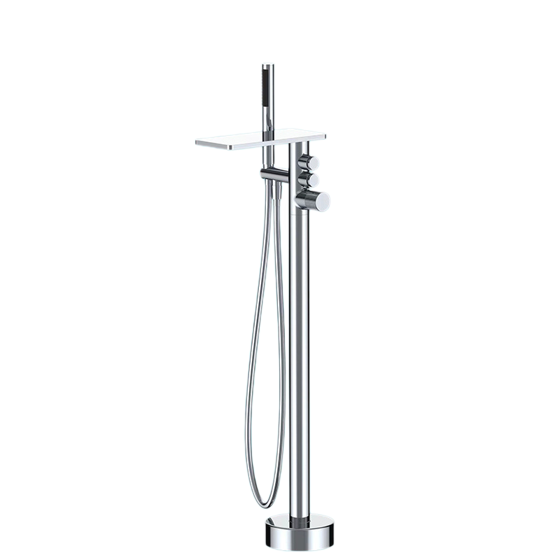 Gunmetal Grey Freestanding Bathtub Faucet, Floor Mount Tub Tap with Handheld Shower & Storage Shelf