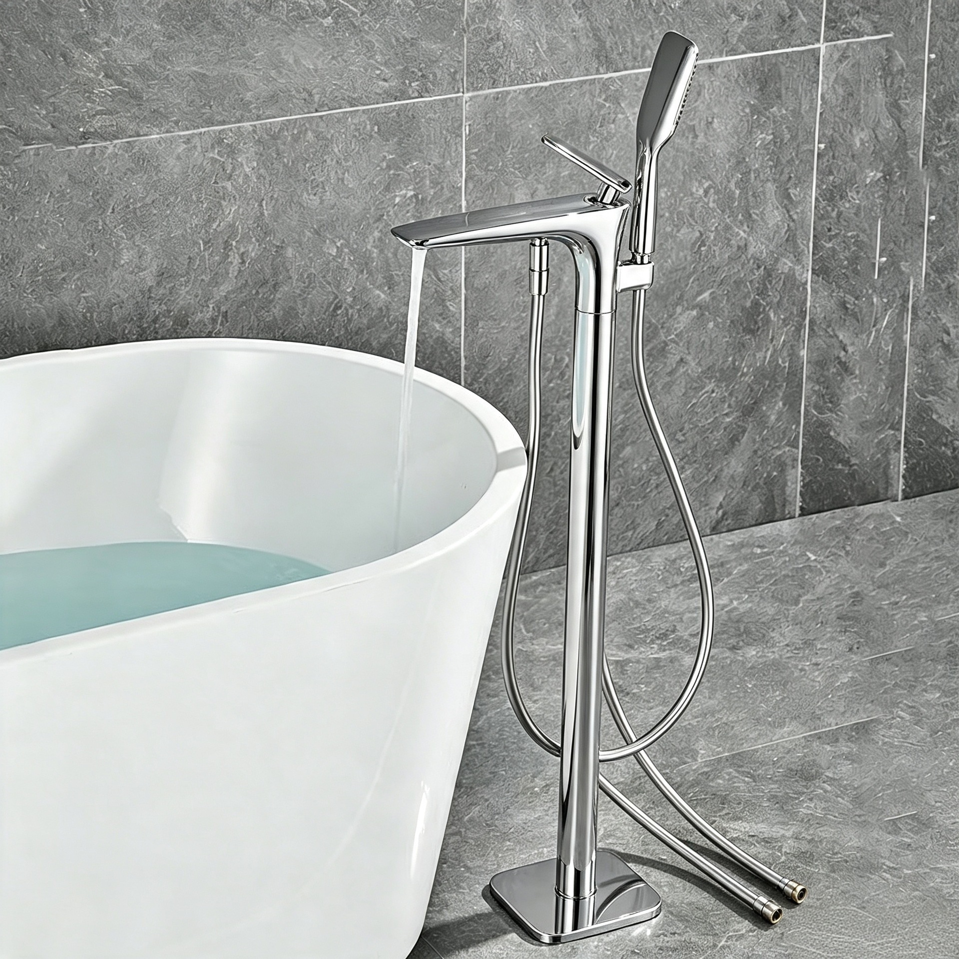 Matte Black Freestanding Bathtub Faucet, Floor Mount Tub Tap with Handheld Shower