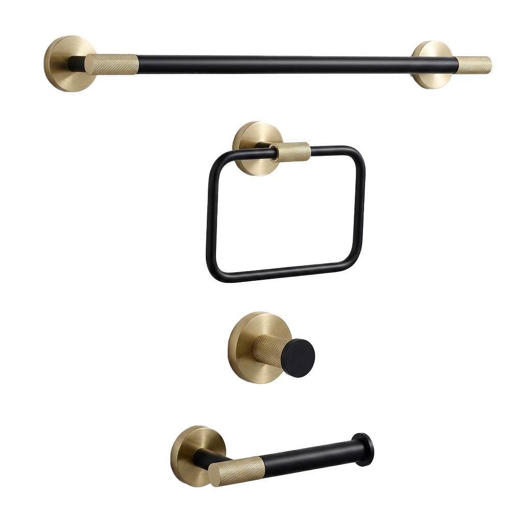 Black & Brushed Gold Bathroom Hardware Set, 4-Piece Knurled Bath Accessories Kit