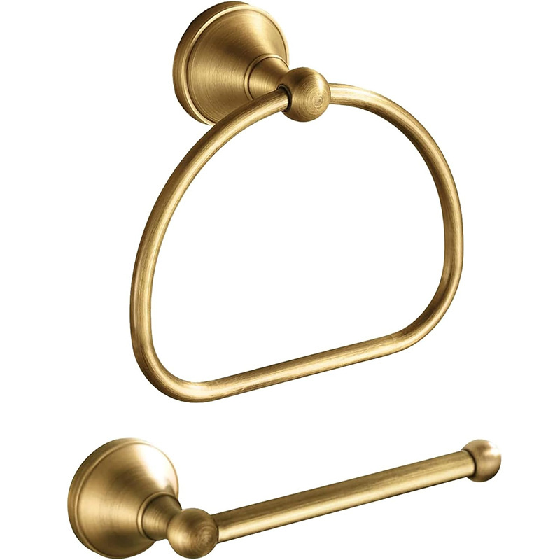 Antique Brass 2-Piece Bathroom Hardware Set, Wall Mount Towel Ring & Toilet Paper Holder Kit