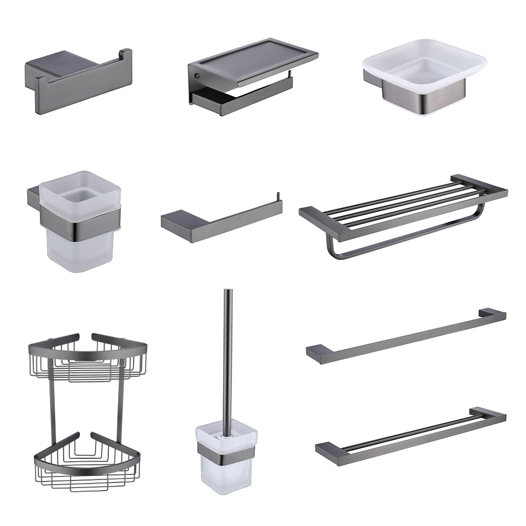 Gunmetal Gray 9-Piece Bathroom Hardware Set, Wall Mount Modern Bath Accessories Kit