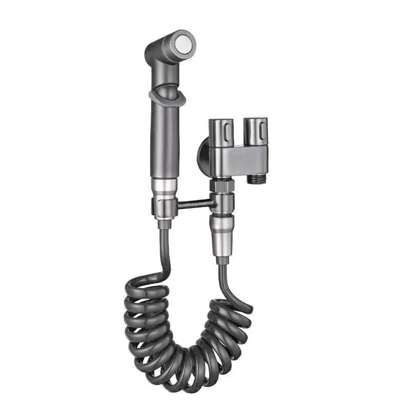 Gunmetal Grey T-adapter Bidet Sprayer Set, Handheld Toilet Spray Kit with Dual Outlet Valve & Spring Hose