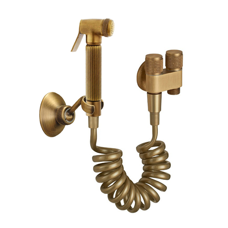 Brushed Gold T-adapter Bidet Sprayer Set, Handheld Toilet Spray Kit with Knurled Dual Valve & Spring Hose