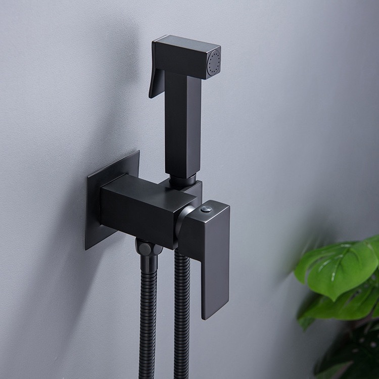 Gunmetal Grey Square Wall Mount Bidet Sprayer Set, Handheld Toilet Spray Kit with Angle Valve & Metal Braided Hose