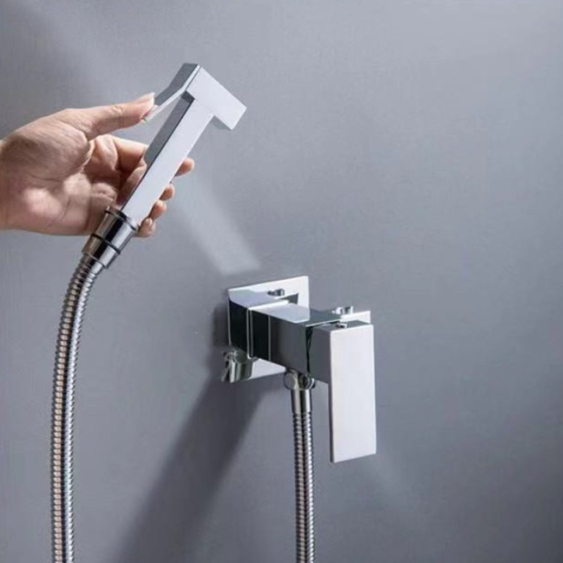 Gunmetal Grey Square Wall Mount Bidet Sprayer Set, Handheld Toilet Spray Kit with Angle Valve & Metal Braided Hose