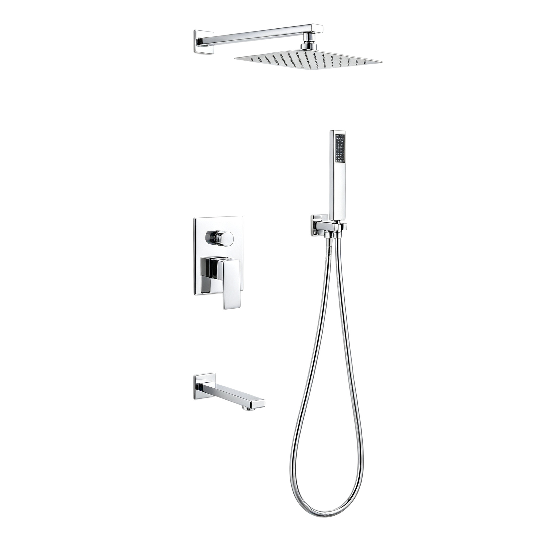Brushed Gold 3 Function Concealed Shower System, Square Rain Shower Set with Handheld Shower & Tub Spout