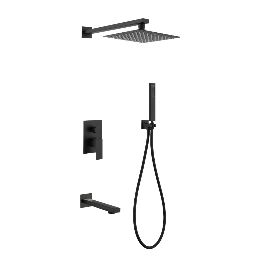 Brushed Gold 3 Function Concealed Shower System, Square Rain Shower Set with Handheld Shower & Tub Spout