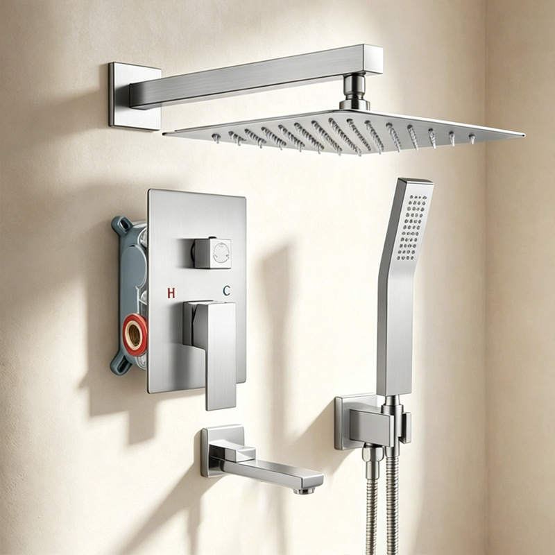 Brushed Gold 3 Function Concealed Shower System, Square Rain Shower Set with Handheld Shower & Tub Spout