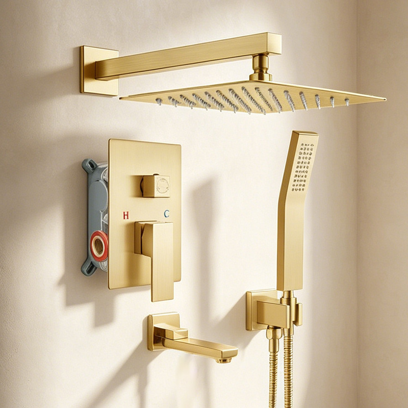 Brushed Gold 3 Function Concealed Shower System, Square Rain Shower Set with Handheld Shower & Tub Spout