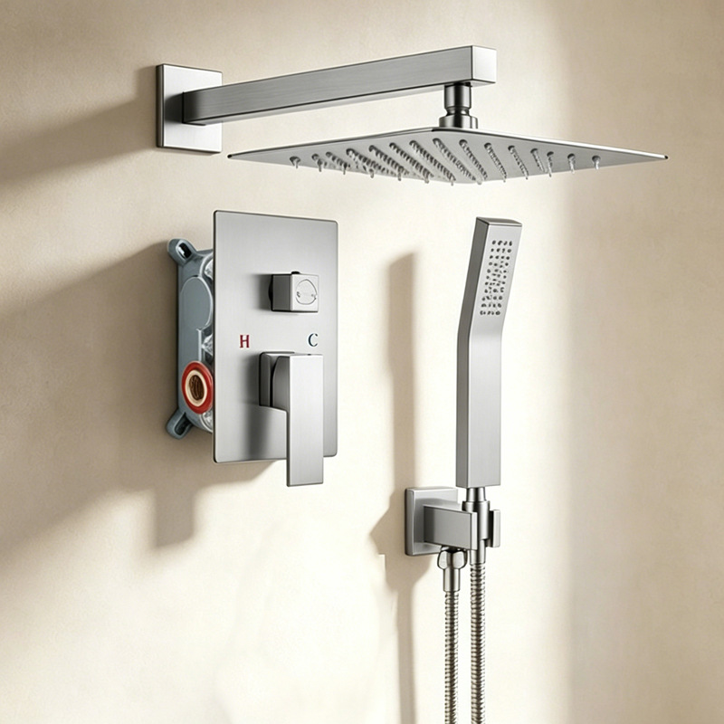 Brushed Gold 3 Function Concealed Shower System, Square Rain Shower Set with Handheld Shower & Tub Spout